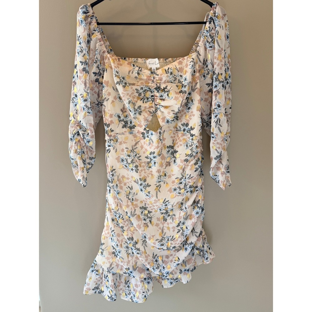 Sweet Lemon Floral Gold Foil Ruched Mini‎ Dress Cream Blue Pink Large Womens